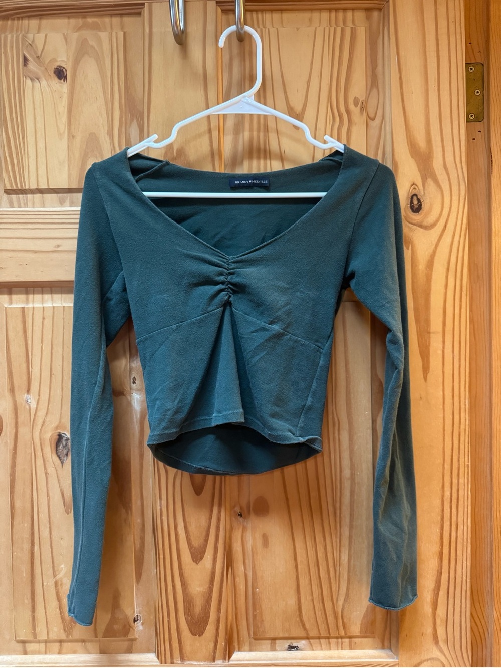 Brandy Melville Forest Green Ruched Front Long Sleeve Crop Top